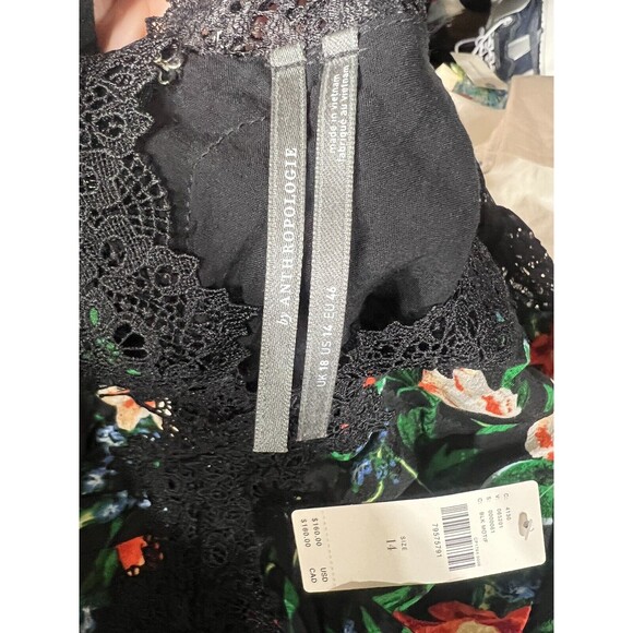 Anthropologie Lacy V-Neck Mini Dress  14 Black Floral Long Sleeve Fit Flare NEW - Picture 4 of 15